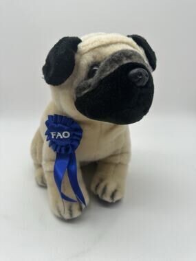 FAO Schwarz Blue Ribbon PUG Puppy Dog Plush Toy 2012 NICE